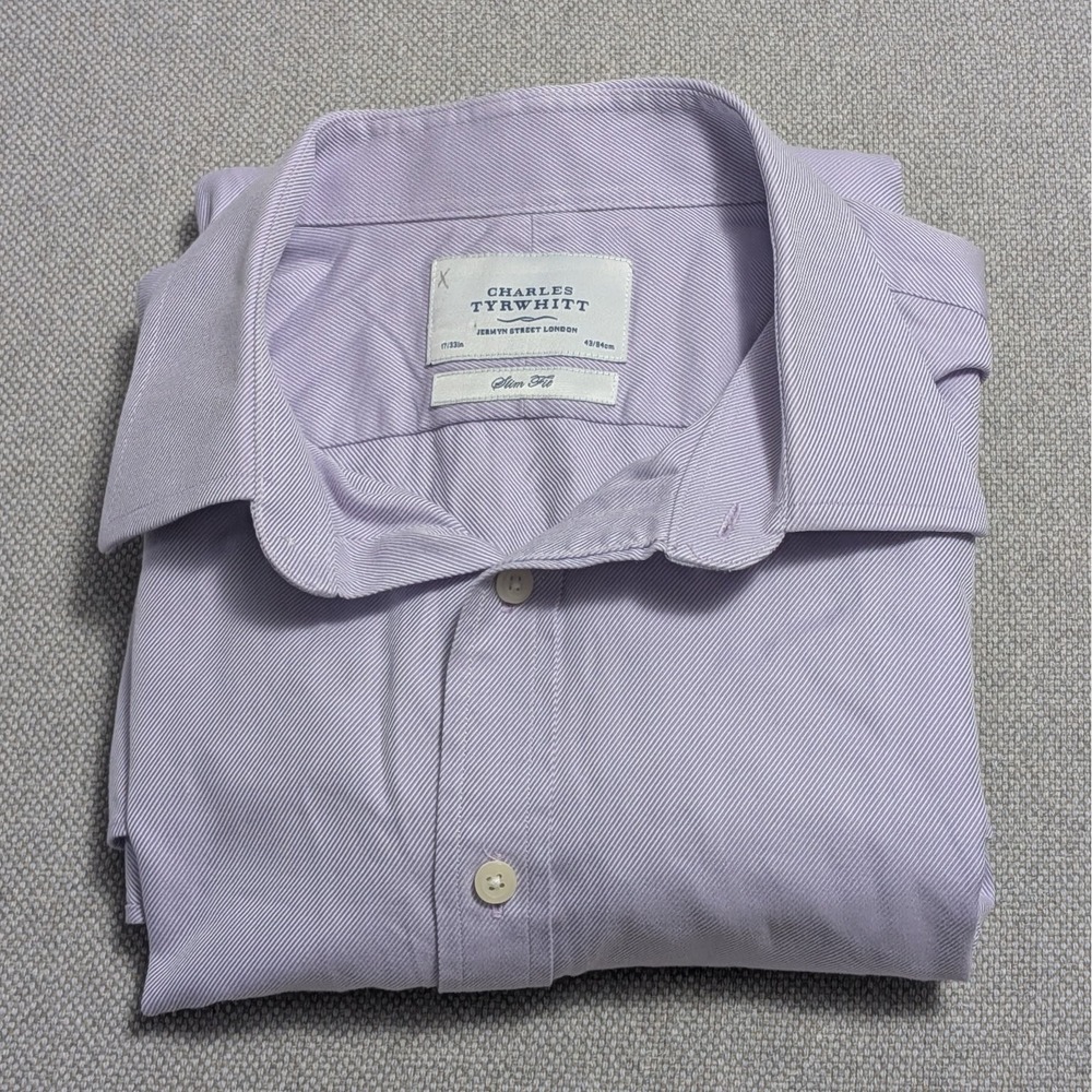 Charles Tyrwhitt Men's Purple Striped Slim Fit Dress Shirt 17.5/35 French Cuff